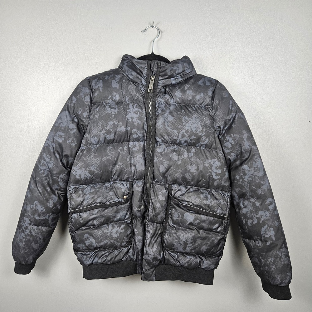 Ivivva Girls 12 Down Puffer Jacket Hooded Quilted Bomber Floral Black Gray Coat